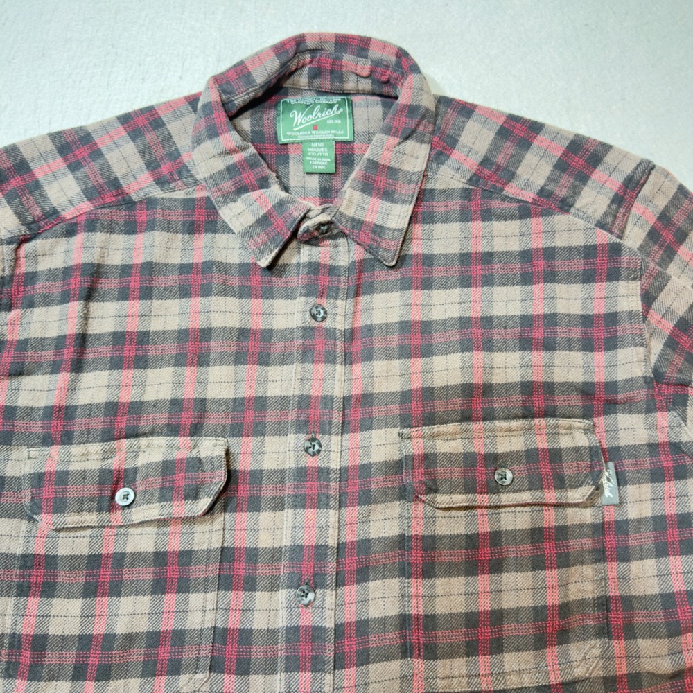 Woolrich Flannel Shirt Mens XXL Tan Black Red Excellent Plaid Button Down 24194